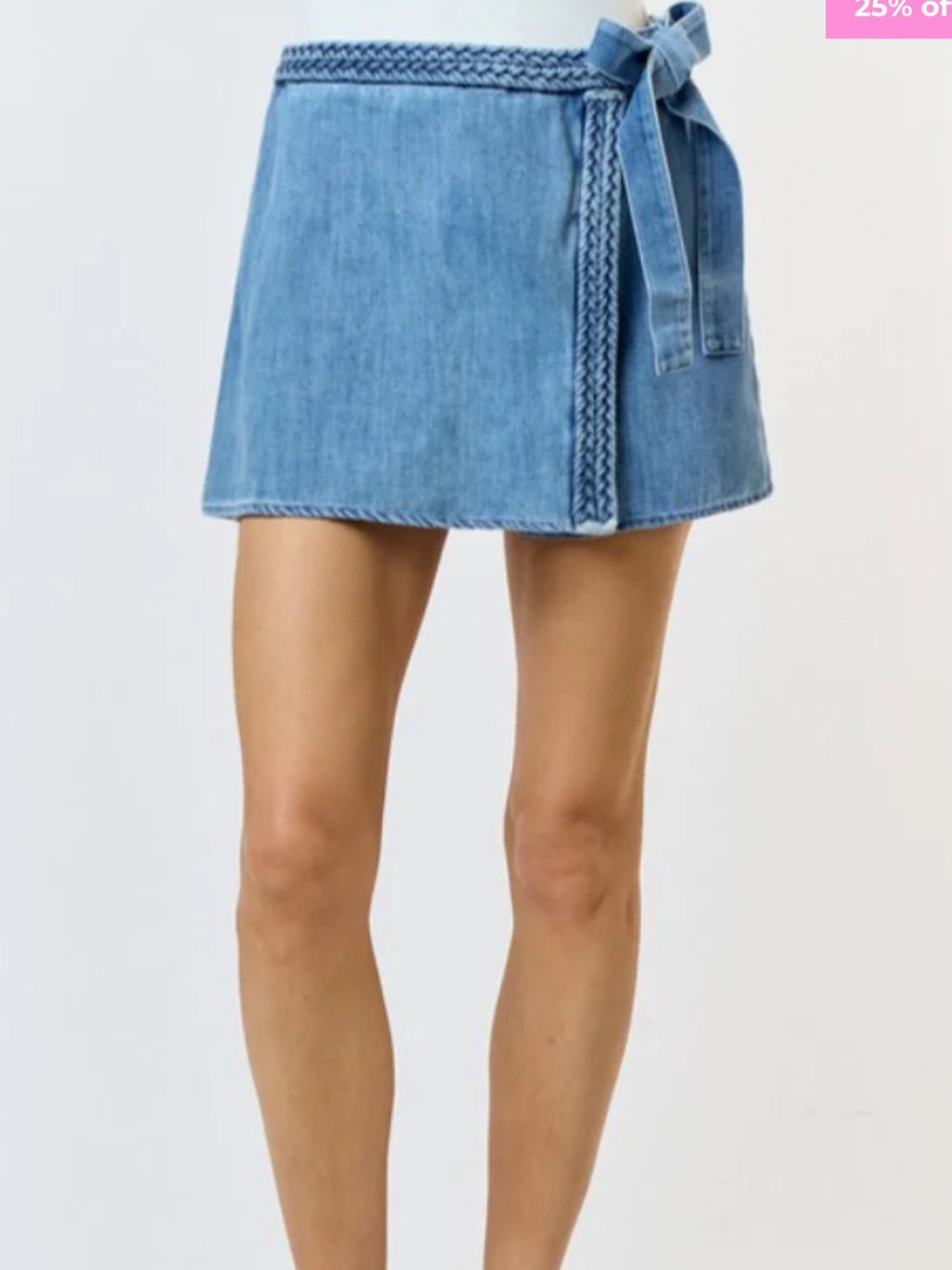 Braided Trim Light Blue Denim Wrap Mini Skirt
